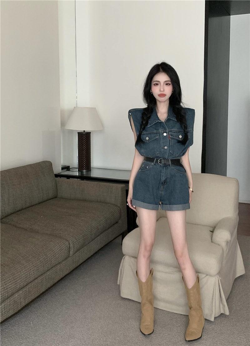 Set Áo Denim Không Tay + Quần Short Thiết Kế Mới Năng Động Thời Trang