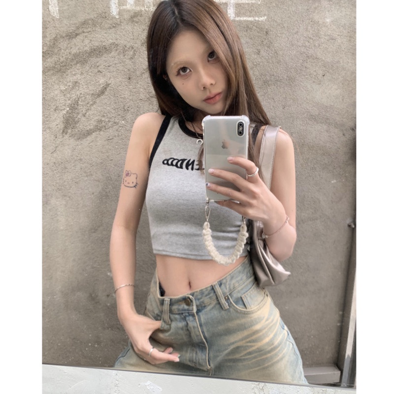 Áo Dệt Kim Sát Nách Màu Sắc  RENJIANVSHENG Tương Phản In Chữ Cá Tính