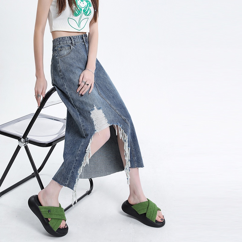 Chân Váy Denim Lưng Cao RENJIANVSHENG Thiết Kế Xẻ Rách Cá Tính