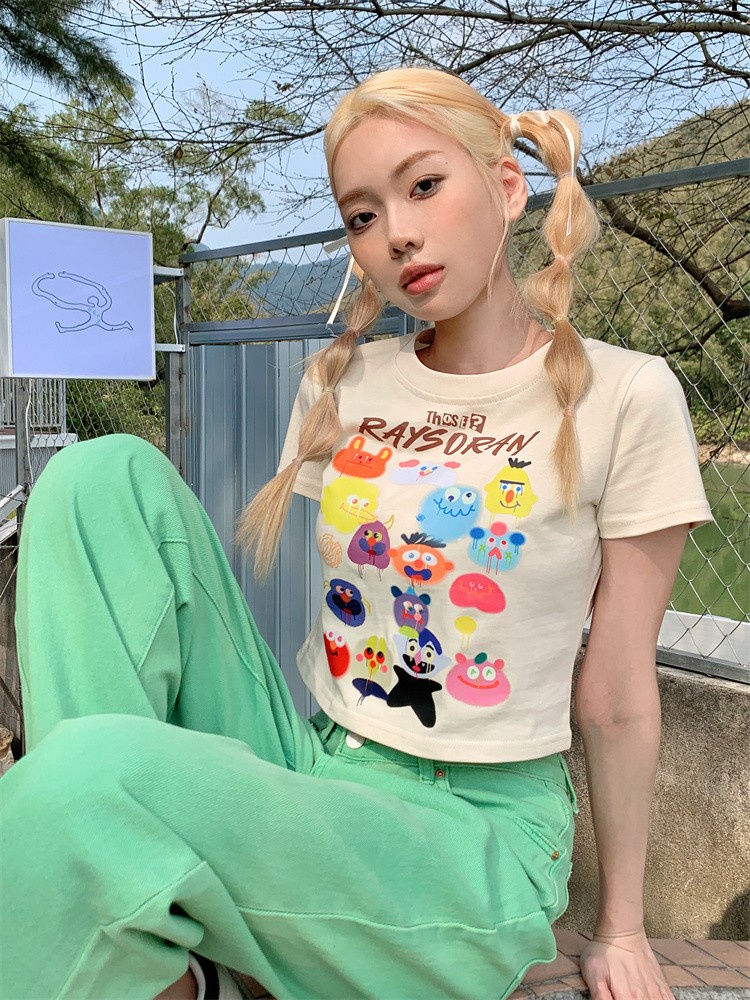 Áo Thun Cotton Dáng Ôm Ngắn Tay In Hoạt Hình Thời Trang Mùa Hè Năng Động 63082