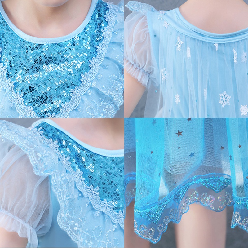 Đầm Công Chúa Elsa Tay Ngắn Phối Lưới Màu Gradient Xanh Dương / Trắng Thời Trang Cho Bé Gái