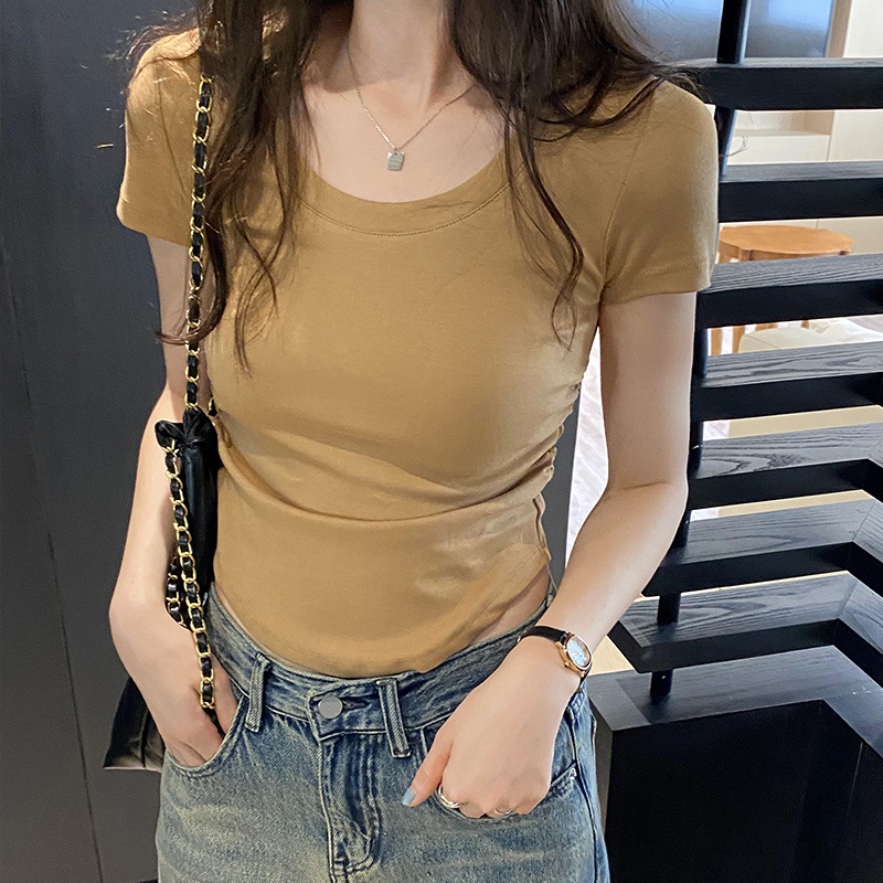 Áo Thun Tay Ngắn Cổ Chữ U Xếp Ly Ôm Dáng Thoải Mái Thời Trang Cho Nữ 63625