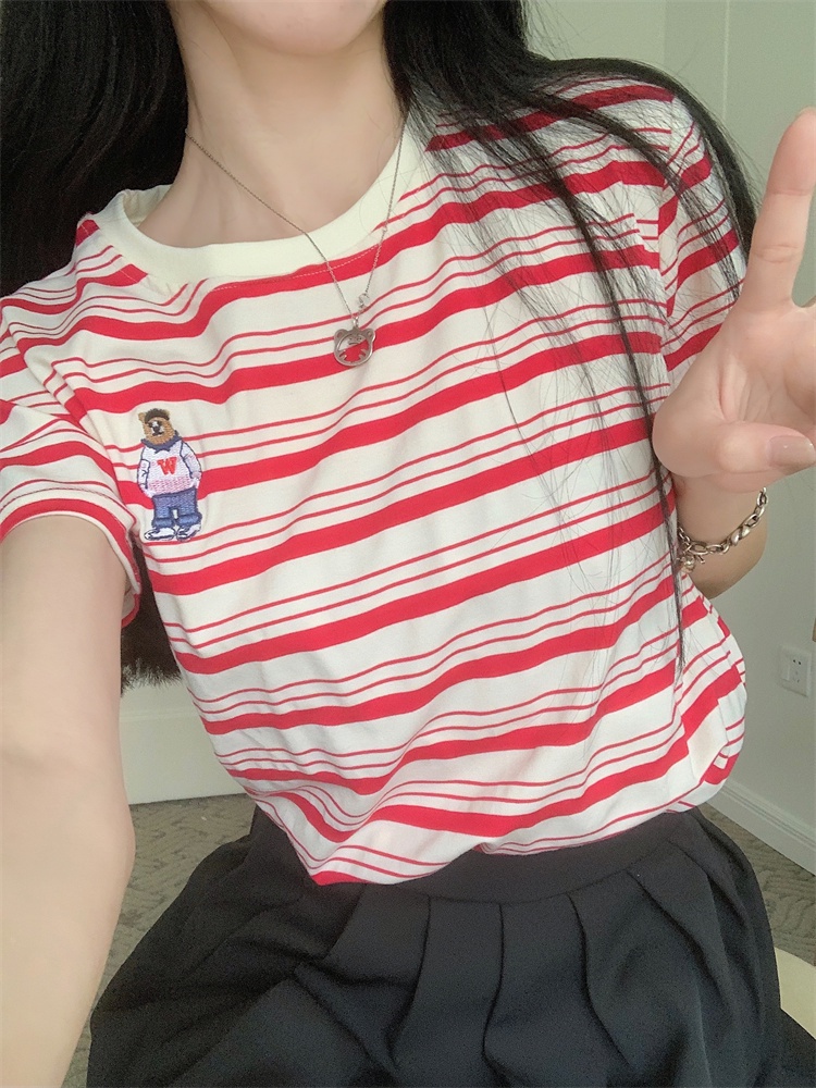 Áo Thun Tay Ngắn Sọc Ngang Thêu Hình Gấu Plus Size 64374