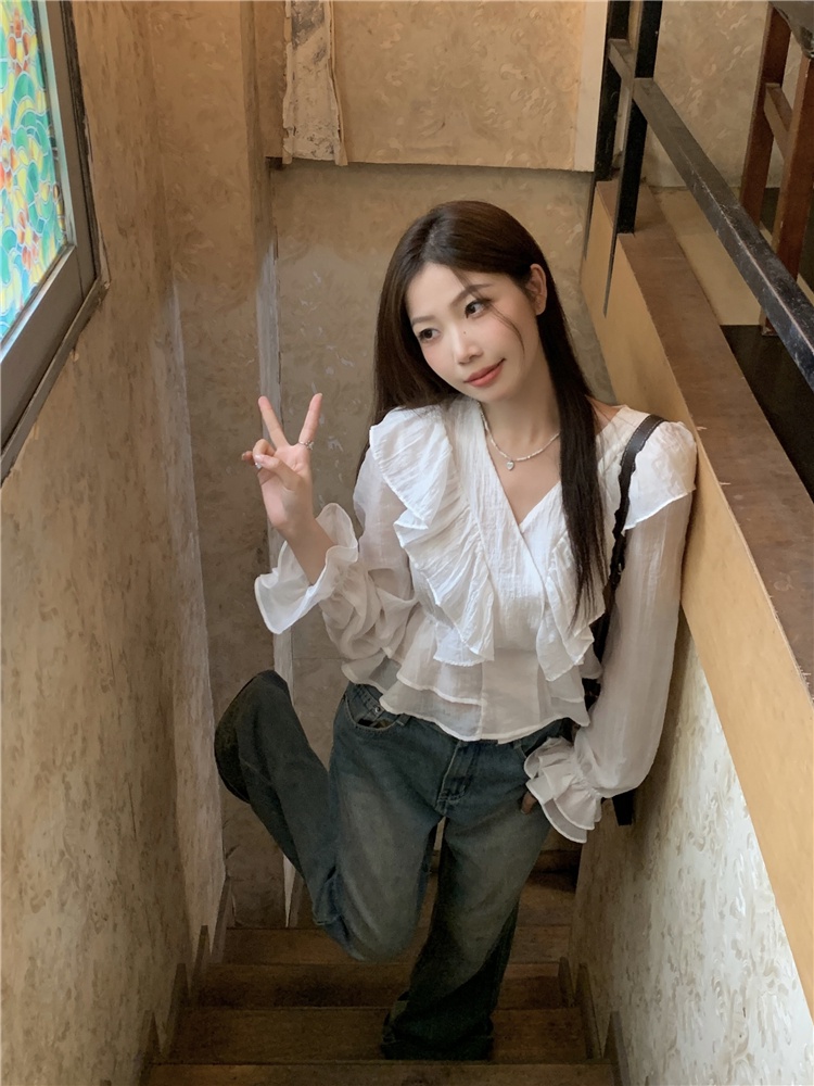 Áo Sơ Mi Cổ Chữ v Viền Bèo Phong Cách Hàn Quốc Kiểu Mới 64490