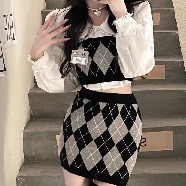 Váy Jmshop , Áo Khoác Dệt Kim+ Váy,  Phong Cách Học Viện, trẻ trung, váy nữ