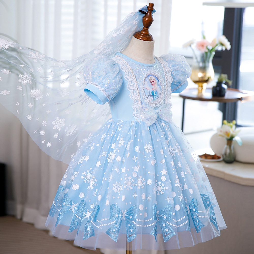 Đầm Công Chúa Elsa Tay Ngắn Phối Ren Lưới Màu Hồng / Xanh Dương Kèm Băng Đô Xinh Xắn Cho Bé Gái