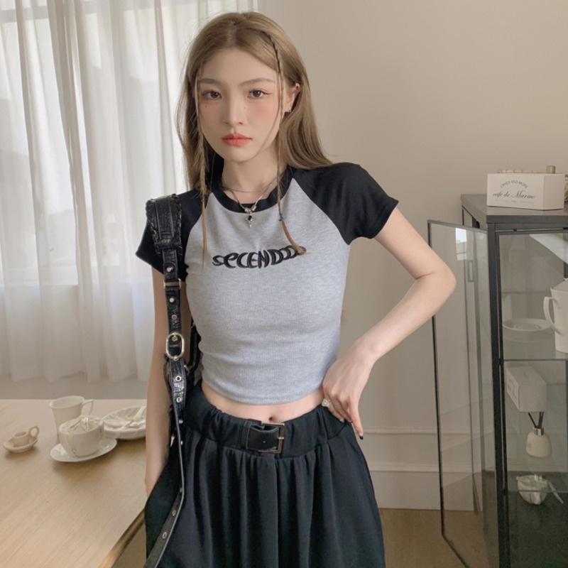 Áo Thun Tay Ngắn Dáng Ôm Thêu Chữ Phối Màu Sắc Tương Phản Thời Trang Xinh Xắn