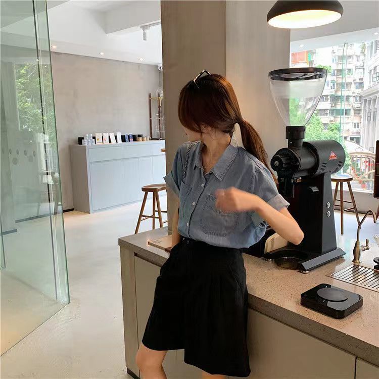 Áo Sơ Mi Denim Tay Ngắn Thời Trang Mùa Hè 2023 Dành Cho Nữ