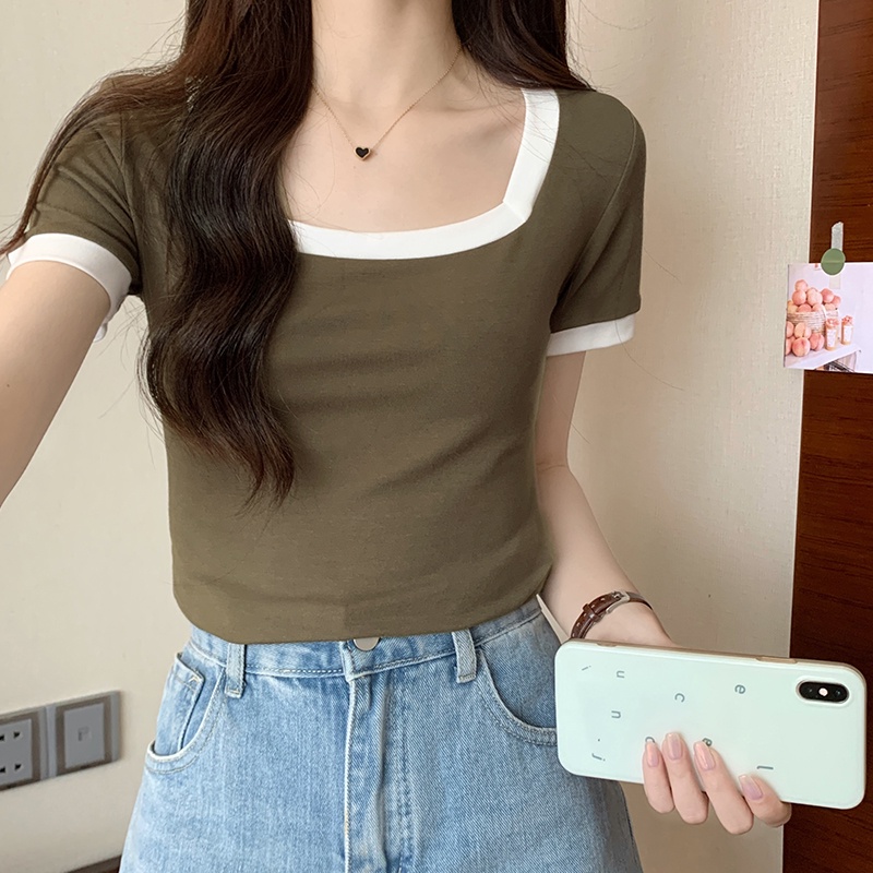 Áo Thun Cổ Vuông Ngắn Tay Dáng Ôm Phối Màu Sắc Tương Phản Thời Trang Mùa Hè 63916