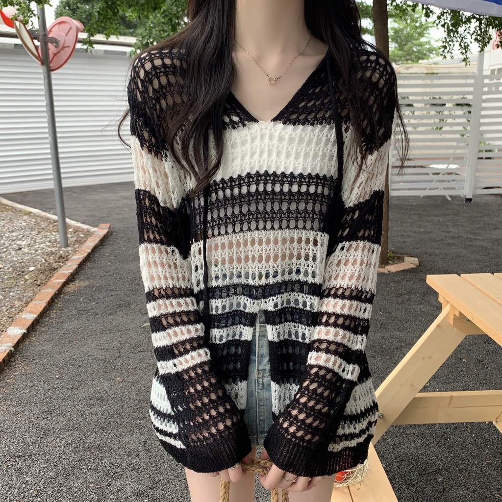 Áo Khoác Dệt Kim Tay Dài Có Nón Họa Tiết Kẻ Sọc Phong Cách Hàn Quốc Thời Trang Mùa Hè 6445