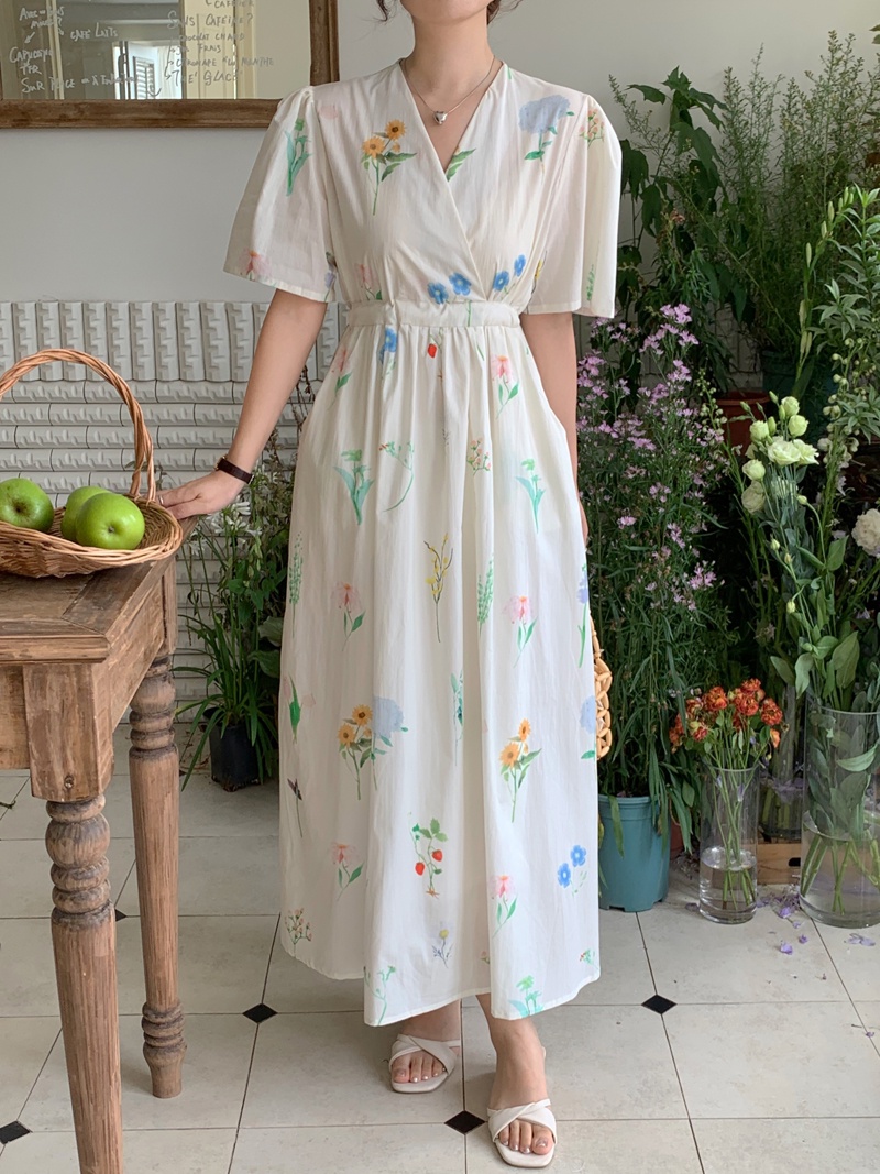 Đầm Cột Dây Eo Cao Nhấn Eo Họa Tiết Lá Mùa Hè 64811