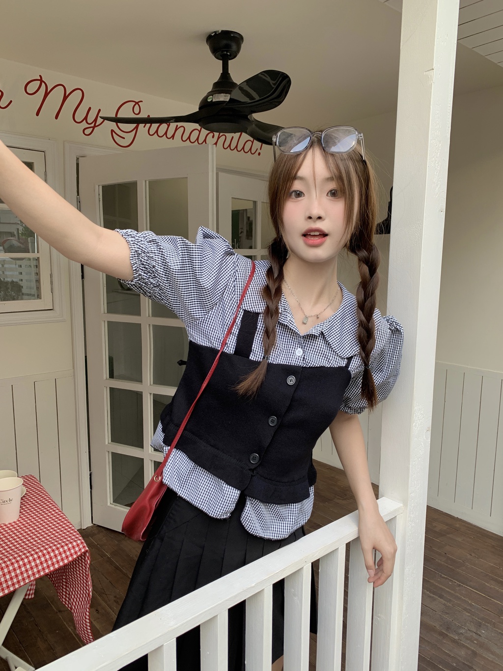 Áo Sơ Mi Tay Phồng Cổ Bẻ Giả Hai Lớp Họa Tiết Kẻ Ô Thời Trang Mùa Hè 65148