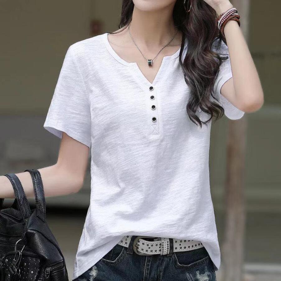 Áo Thun Cotton Tay Ngắn Cổ Chữ V Plus Size Phong Cách Hàn Quốc Cho Nữ 2023