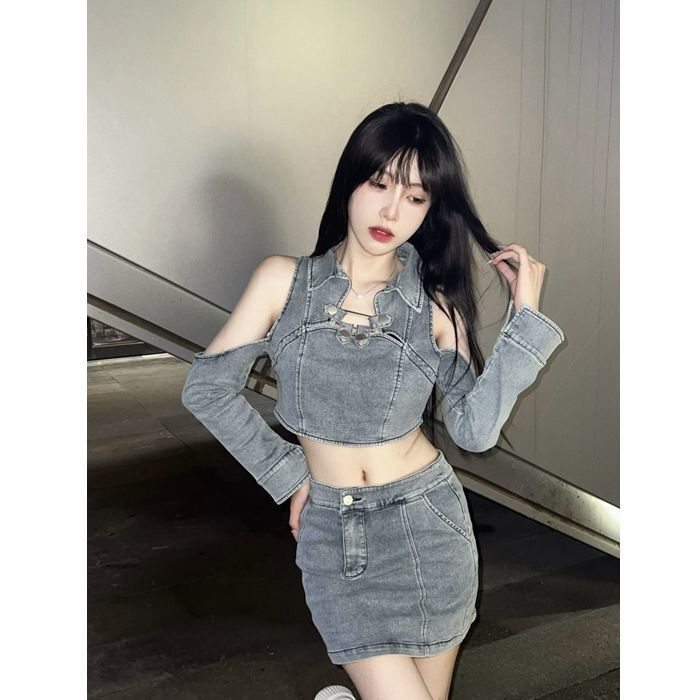 Set 2 món Hot Girl Thiết Kế Cảm Giác Off-vai Ngắn Denim Tops Cô Gái+cao Eo Denim Váy Ngắn, váy nữ