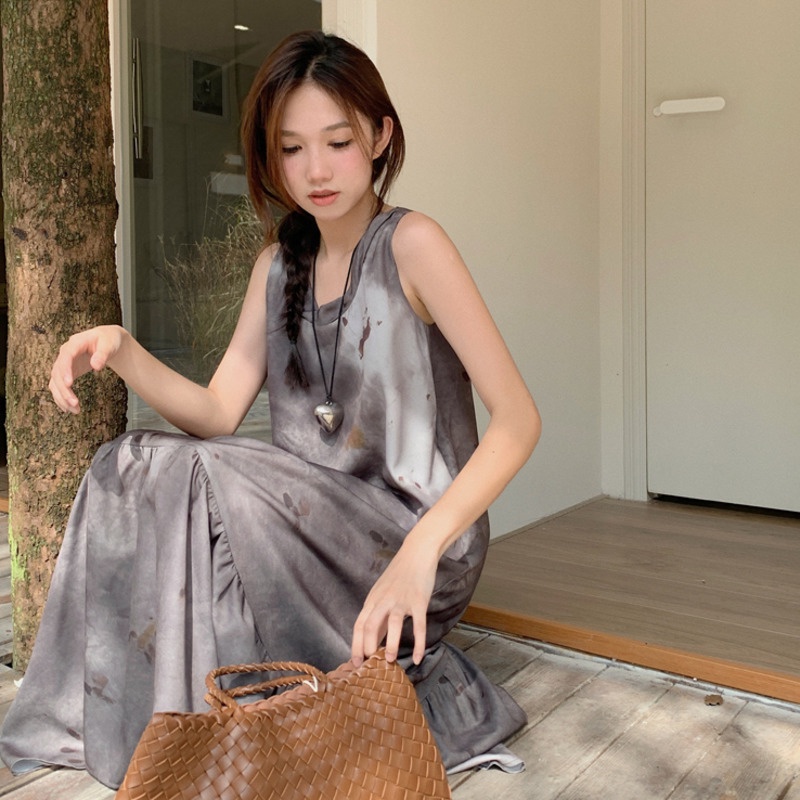 Đầm Dài Không Tay Dáng Rộng Chất Liệu satin Nhuộm Màu Phong Cách retro