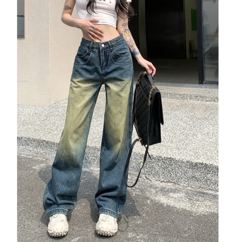 Quần Denim Nữ Ống Rộng RENJIANVSHENG Lưng Cao Thời Trang Hàn Quốc