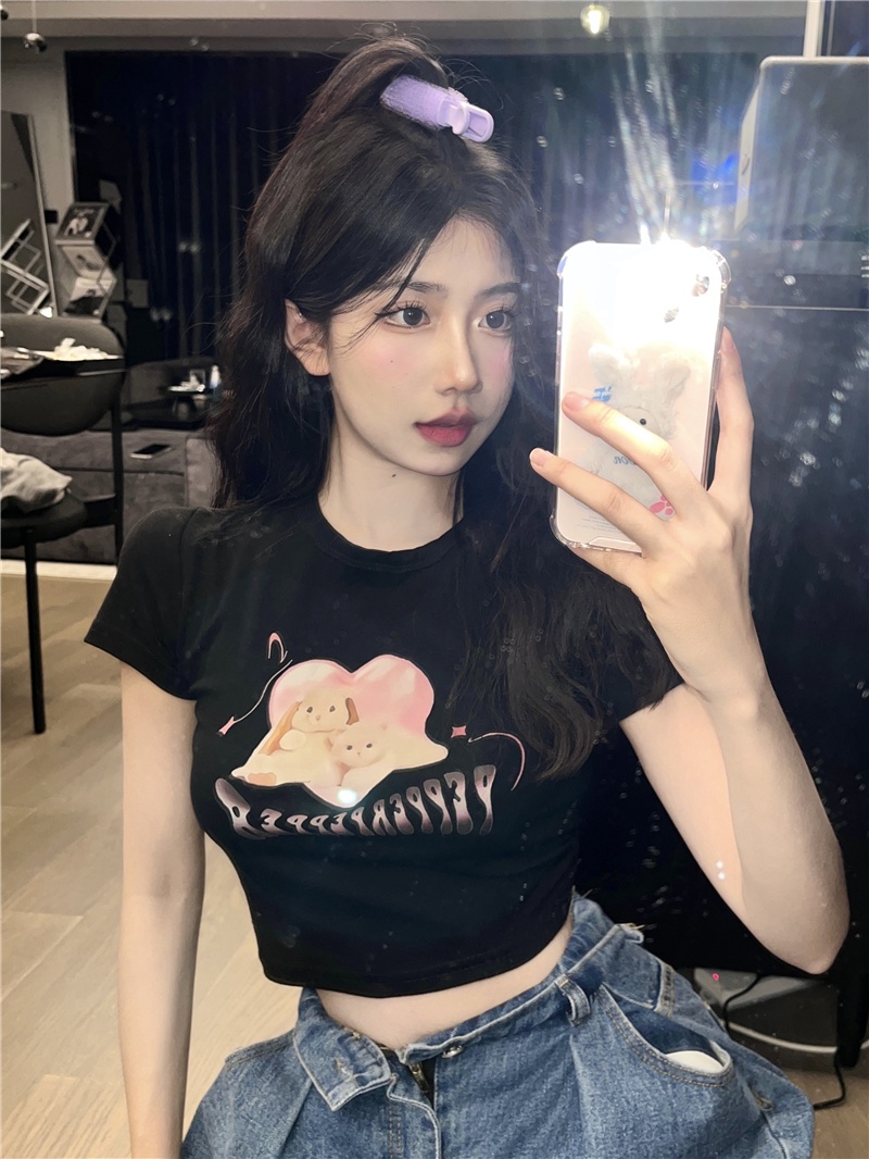 Áo Thun Dáng Ôm Ngắn Tay In Hình Trái Tim Thời Trang Mùa Hè Sành Điệu 64323