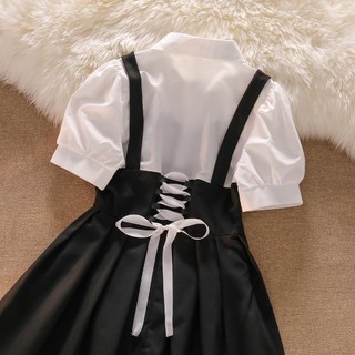 Một mảnh/bộ váy thắt lưng phong cách preppy váy thắt lưng búp bê mùa hè cho nữ cổ áo sơ mi trắng dây đeo váy xếp ly váy