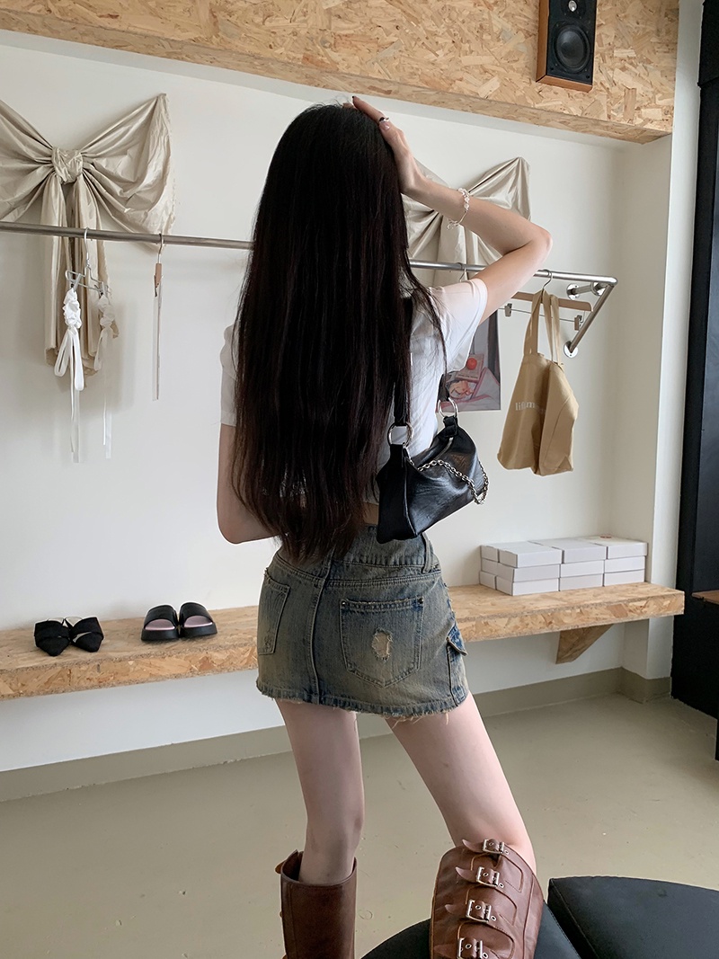 Chân Váy Denim Lưng Cao Phối Dây Thắt Dáng Ngắn Phong Cách Retro Mỹ Cá Tính 65751