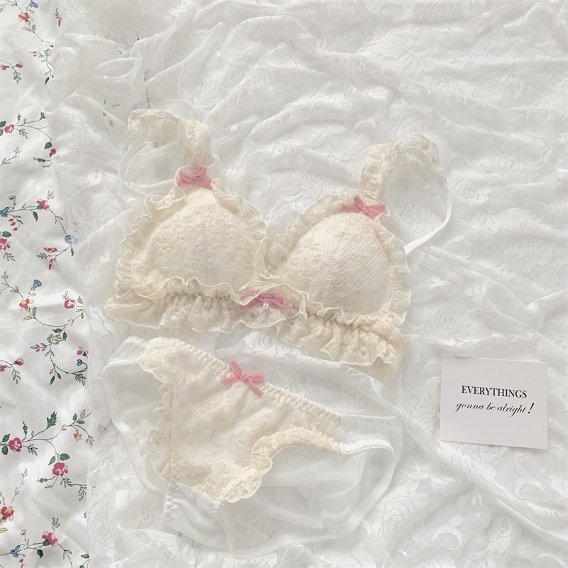 Bộ áo ngực phong cách nhật bản áo ngực ren cô gái trẻ đáng yêu + quần lót nơ sexy phụ nữ đồ lót thoải mái không dây đẩy lên đồ lót nữ bralette