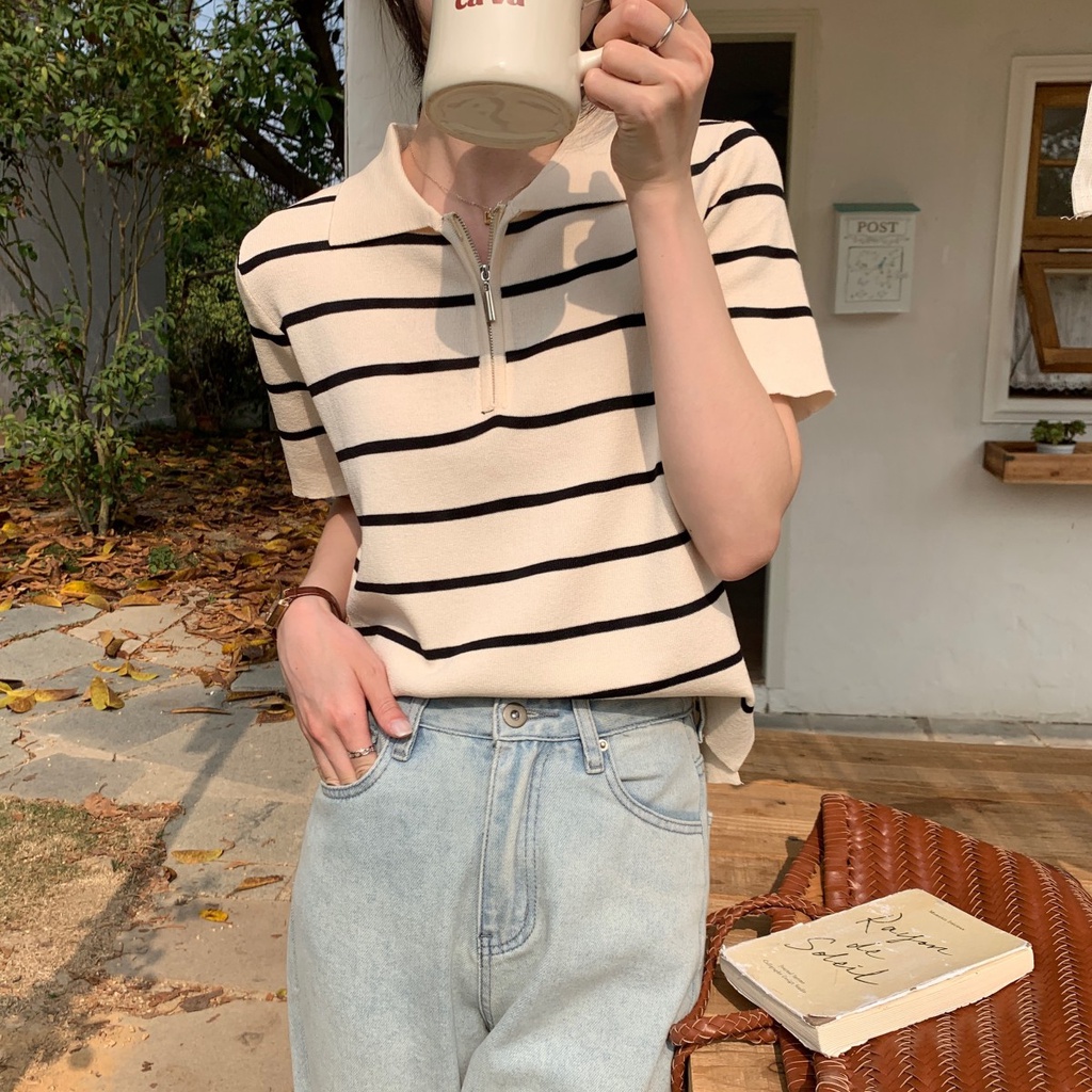 Áo polo Dệt Kim Kẻ Sọc Dáng Rộng Ngắn Tay Phối Khóa Kéo Thời Trang Mùa Xuân Hàn Quốc 62208