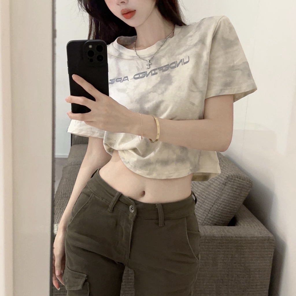 Áo Thun Ngắn Tay Dáng Rộng In Chữ Phối Màu Nhuộm Cá Tính