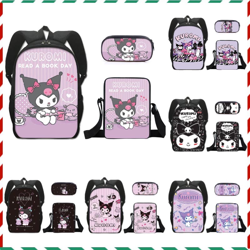 Bộ Ba Lô + Túi Đeo Vai + Bóp Viết In Hoạt Hình Sanrio Kuromi Dễ Thương