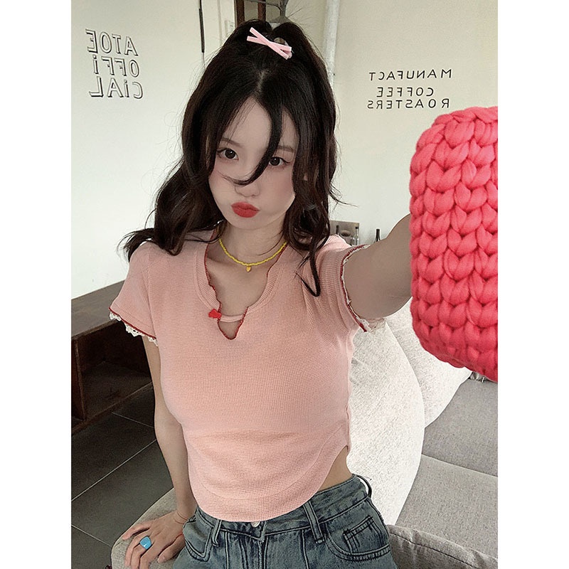 Áo Thun Dáng Ngắn Ôm Sát Phối Ren Thời Trang Quyến Rũ Cho Nữ