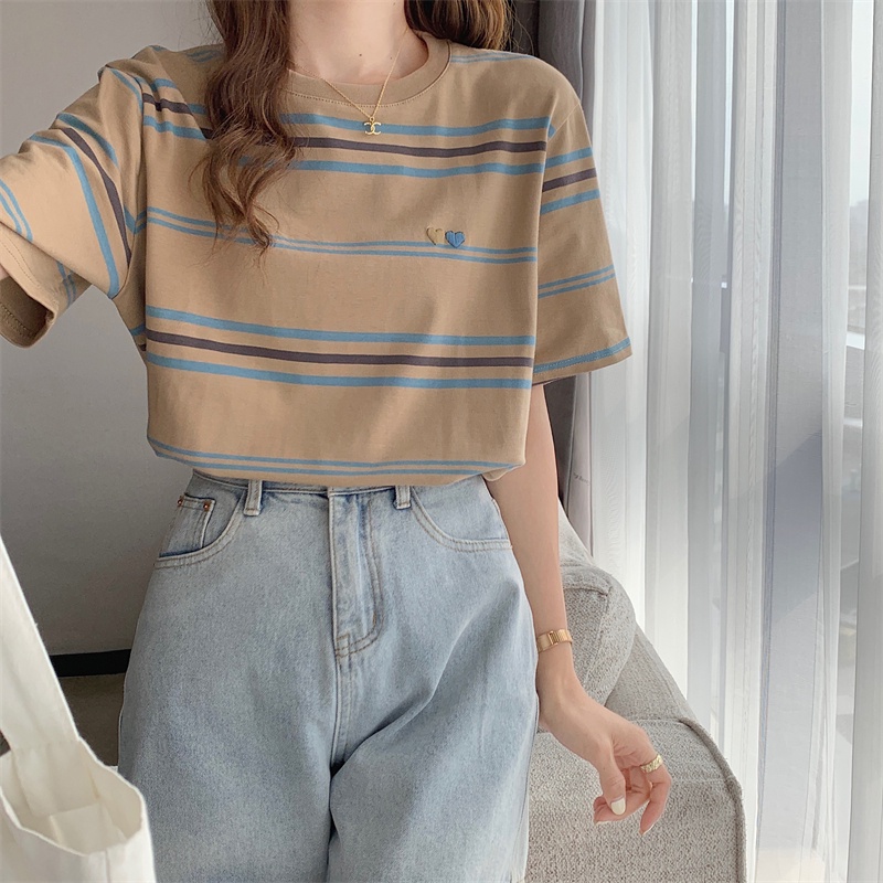 Áo Thun Tay Ngắn Cổ Tròn Thêu Họa Tiết Trái Tim Phối Màu Tương Phản Thời Trang Xuân Hè Hàng Mới 63972