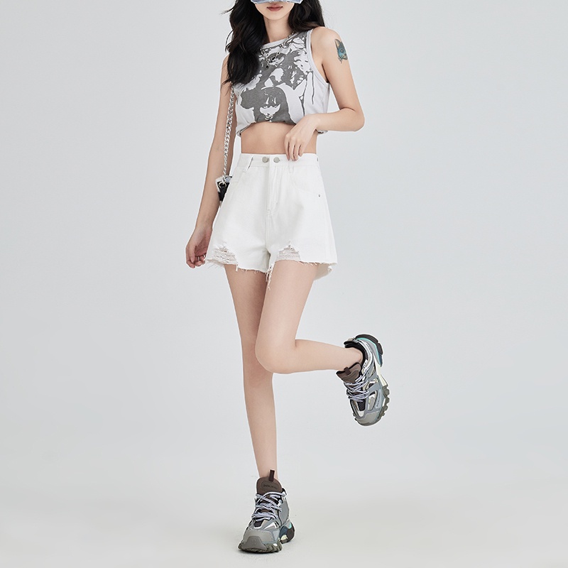 Quần Short denim Mỏng Lưng Cao Ống Rộng Rách Gối Thời Trang Mùa Hè Hàng Mới Dành Cho Bạn Nữ
