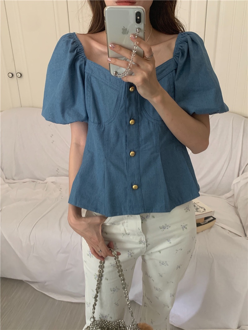 Áo Sơ Mi Denim Ngắn Tay Phồng Phối Nút Kim Loại 2 Màu Thời Trang Pháp Quý Phái 64898