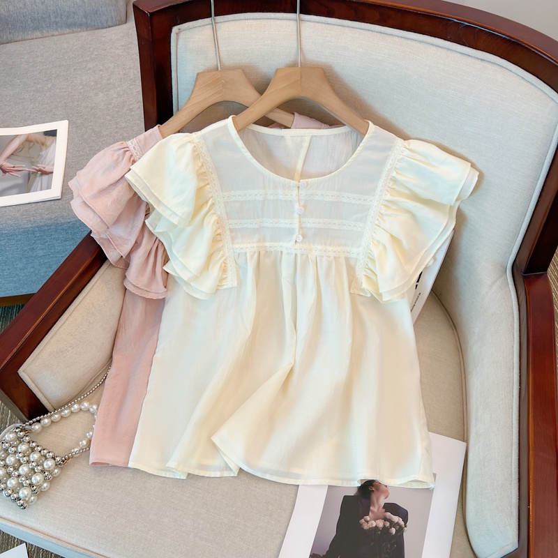 Áo Sơ Mi Mỏng Phối Ren Nhún Bèo Thời Trang Sành Điệu 65102