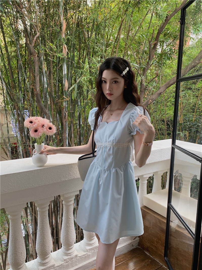 Đầm Tay Phồng Cổ Vuông Đính Nơ Màu Xanh Dương Thời Trang Mùa Hè Phong Cách Mới 65558