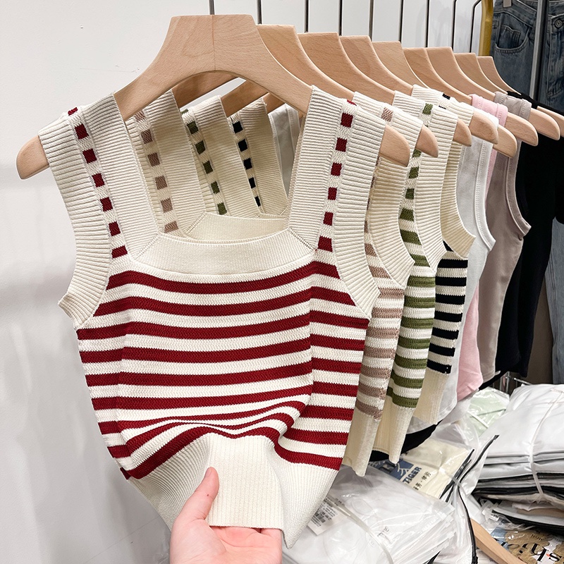 Áo Dệt Kim Sát Nách Cổ Vuông Họa Tiết Kẻ Sọc Màu Sắc Tương Phản Phong Cách Retro Thời Trang Hè 6