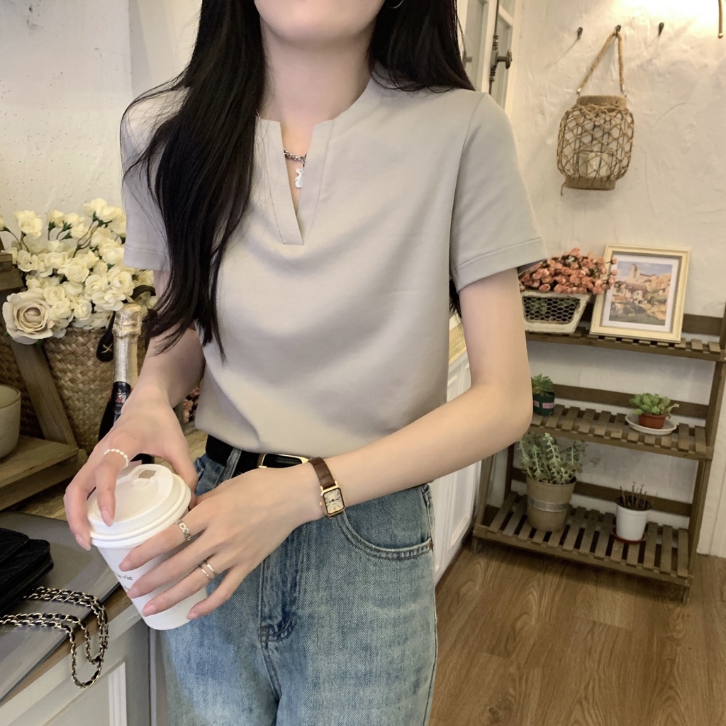 Áo Thun Cotton Ngắn Tay Cổ Nửa Phong Cách Hàn Quốc Đơn Giản Thời Trang Mùa Hè 66403