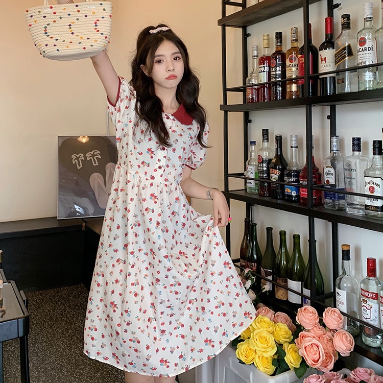 Mới Đầm MIDI Cột Dây Eo Họa Tiết Hoa Nhỏ Màu Tương Phản Xinh Xắn Thời Trang Cho Nữ
