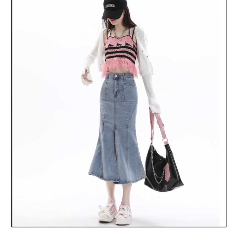 Chân Váy Denim Đuôi Cá Lưng  RENJIANVSHENG Cao Thời Trang Dành Cho Nữ