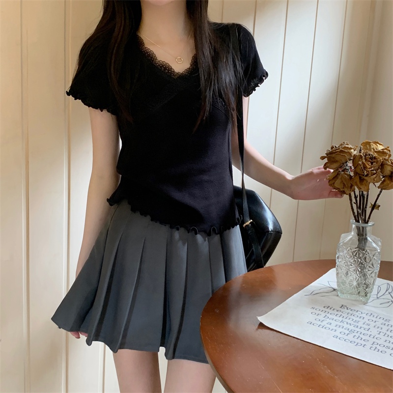 Áo Thun Nữ Cổ Chữ v Viền Ren Phong Cách Mới Mùa Hè 64030