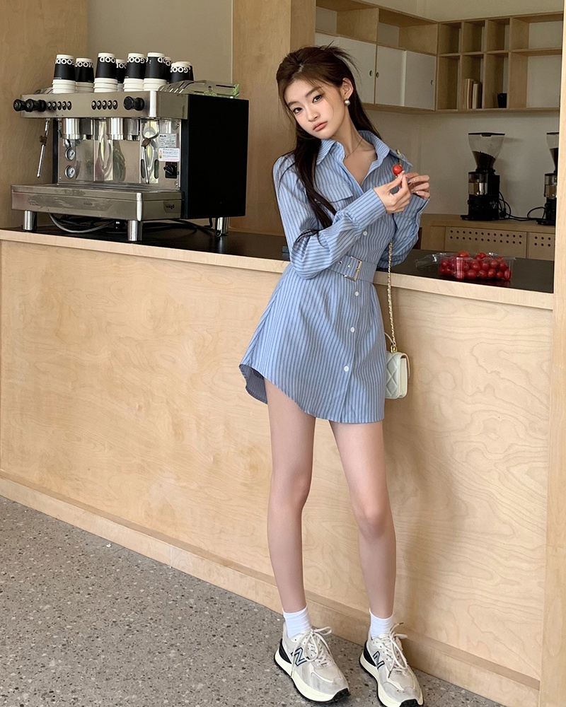 64127 Đầm Ngắn Hai Mảnh Họa Tiết Sọc Phong Cách Mới