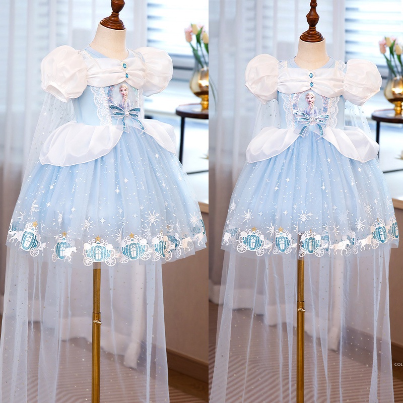 Đầm Hóa Trang Công Chúa Elsa Phối Lưới Đính Kim Sa Kèm Áo Choàng Cho Bé Gái