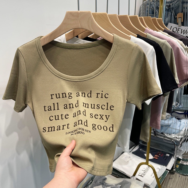 Áo Thun Tay Ngắn Cổ Tròn In Họa Tiết monogram Ôm Dáng Thời Trang Mùa Hè Cho Nữ