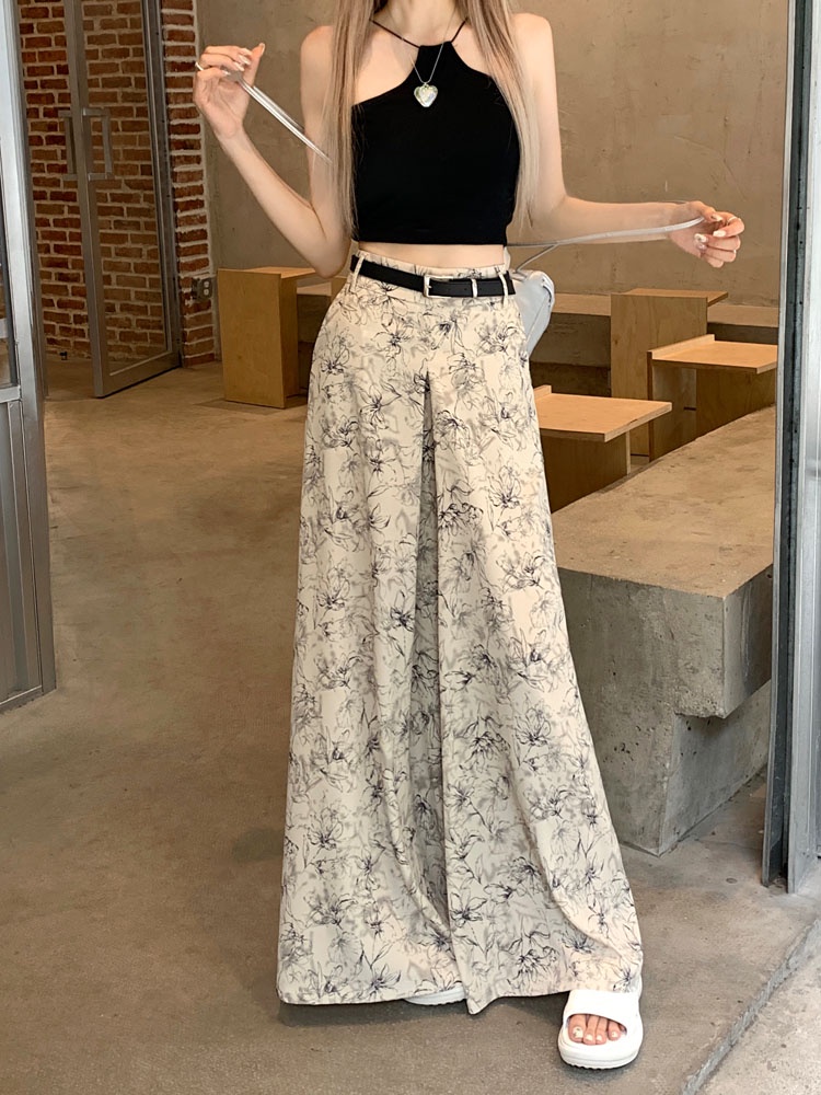 Quần Ống Rộng Lưng Cao In Hoa Phối Thắt Lưng Phong Cách Hàn Quốc Mới 64557
