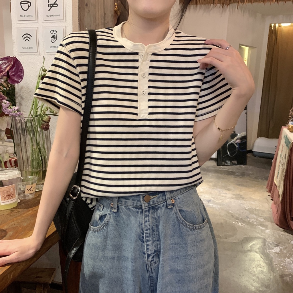 Áo Thun Kẻ Sọc Dáng Rộng Ngắn Tay Phối Nút Phong Cách Hàn Quốc Thời Trang Mùa Hè 64641