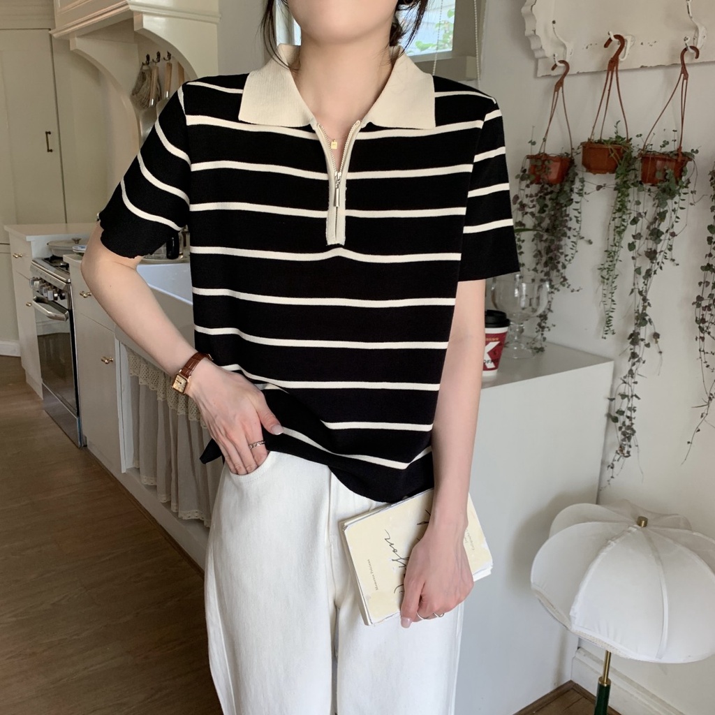 Áo polo Dệt Kim Kẻ Sọc Dáng Rộng Ngắn Tay Phối Khóa Kéo Thời Trang Mùa Xuân Hàn Quốc 62208
