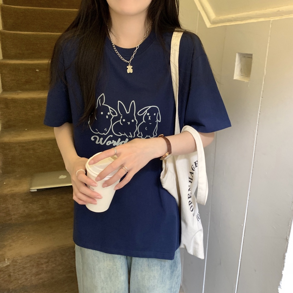 Áo Thun Cotton Dáng Rộng Ngắn Tay In Hình Thỏ Thời Trang Mùa Hè Hàn Quốc Sành Điệu 63939