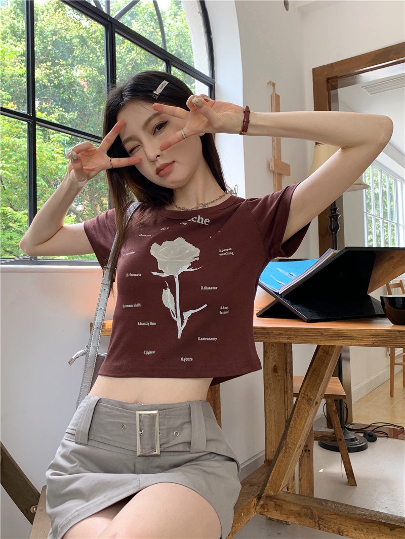 Áo Thun Dáng Ôm In Chữ Và Hoa Hồng Phong Cách Hàn Quốc Thời Trang Mùa Hè Hàng Mới 64491