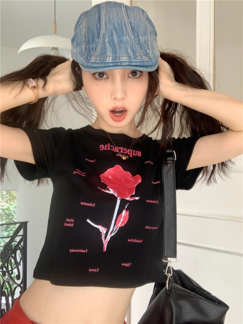 Áo Thun Dáng Ôm In Chữ Và Hoa Hồng Phong Cách Hàn Quốc Thời Trang Mùa Hè Hàng Mới 64491