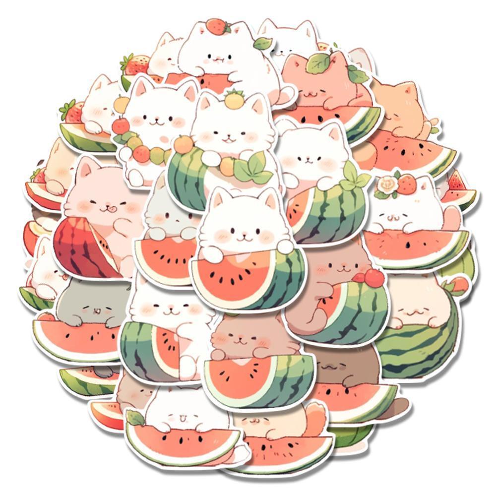Bộ 48 Miếng Dán Trang Trí Laptop / Điện Thoại Hình Mèo Dưa Hấu Chống Thấm Nước diy
