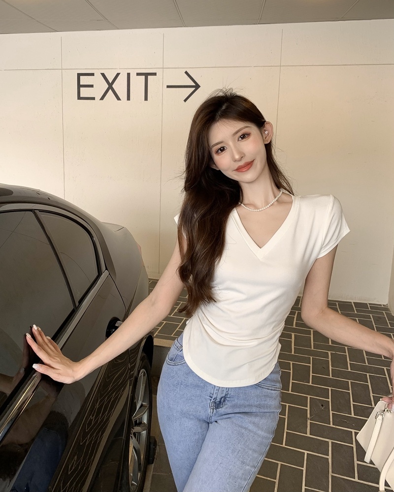 Áo Thun Ngắn Tay Cổ Chữ V Thiết Kế Dây Rút Xếp Ly Thời Trang