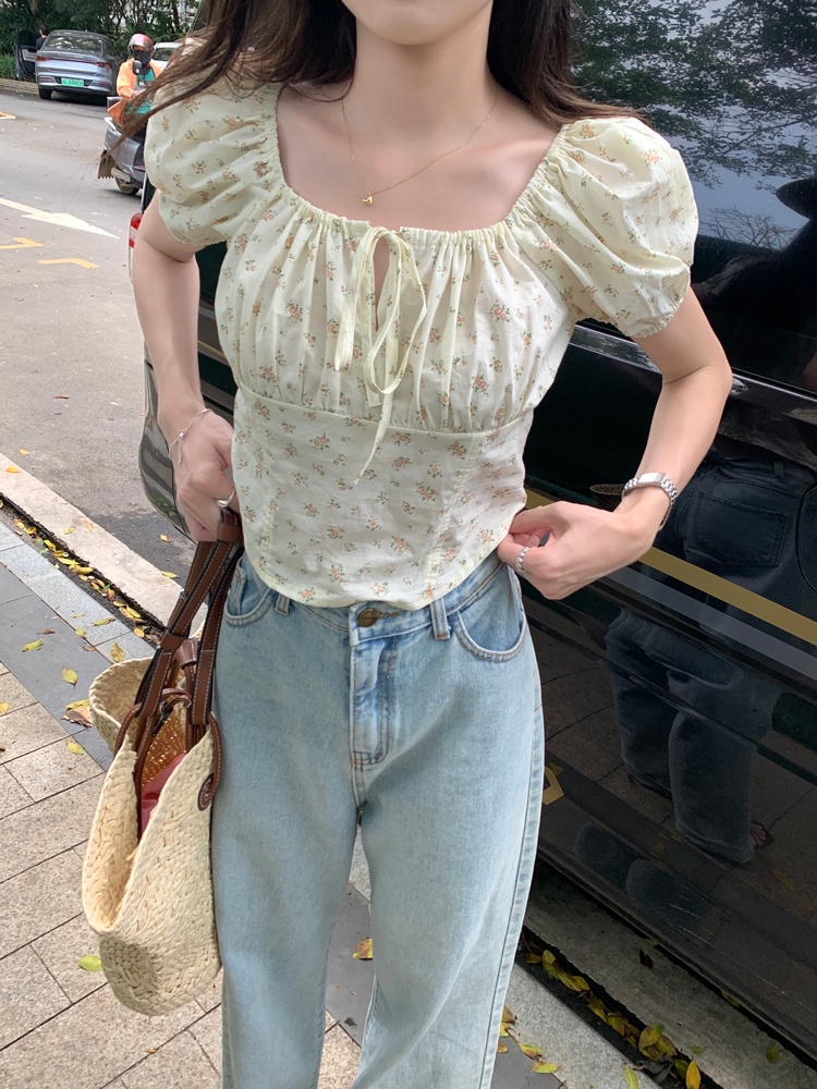 Áo Sơ Mi Tay Phồng Cột Dây In Họa Tiết Hoa Phong Cách Mới Mùa Hè 63872